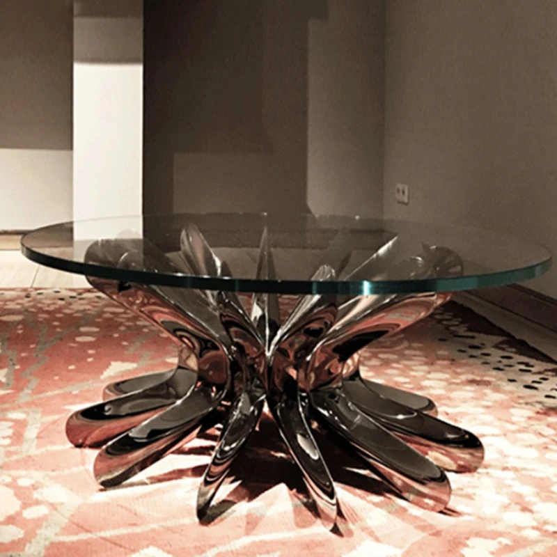 

Creative Tempered Glass Coffee Table Designer Villa Living Room round Stainless Steel Modern Minimalist Tea Table