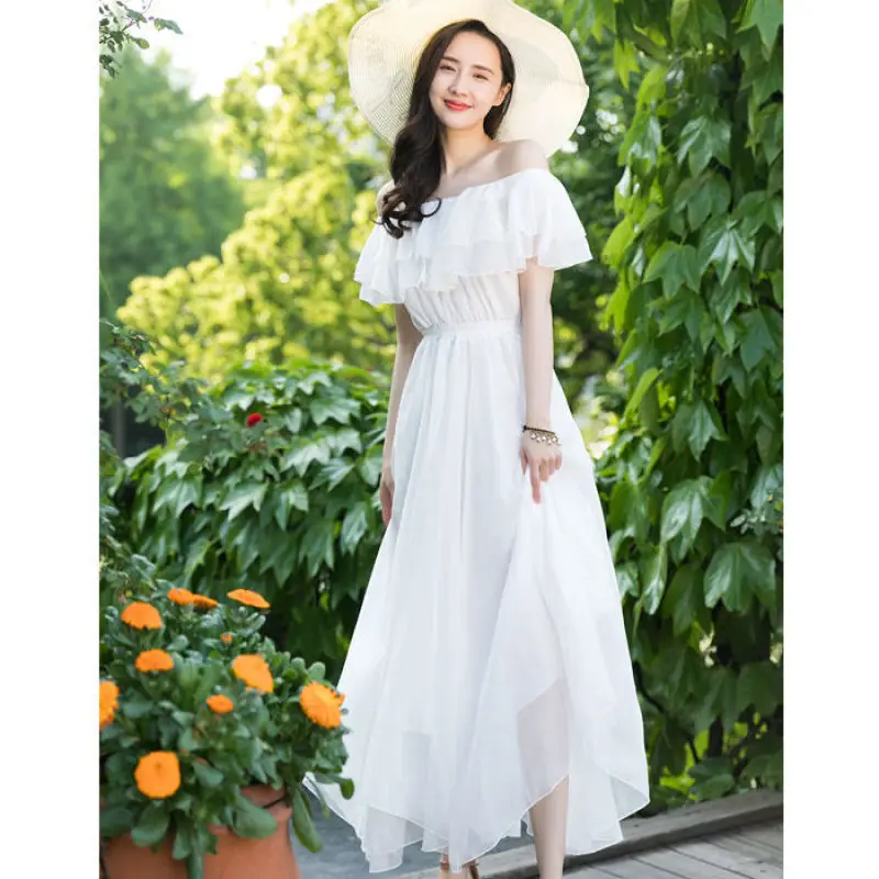 Anniente Women's White Chiffon Maxi Dress - Short Sleeve A-Line With Pockets & Ruffle - View #11
