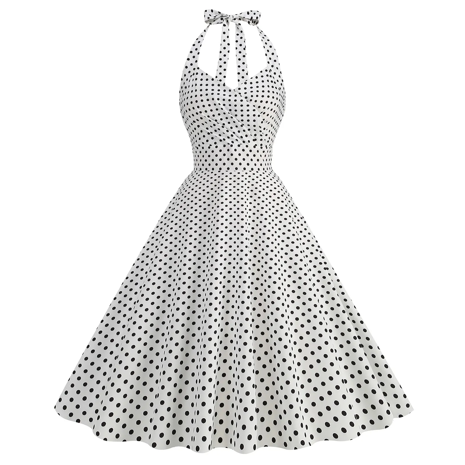 Vintage Polka Dot Dress Women's Vintage 1950s Polka Dot Halter Dress -  Rockabilly Swing Cocktail Dress With Belt, Audrey Hepburn Style 1950s Dress