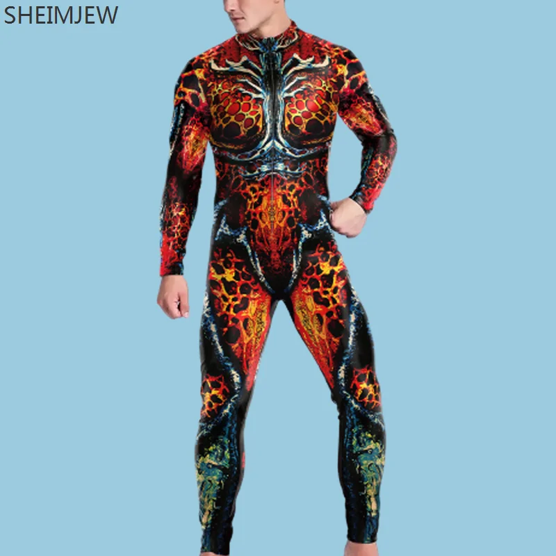 

Front Zipper Jumpsuit Print Machine Zentai Men For Bodysuit Skinny Cosplay Catsuit Trippy Costume Elastic Rave Festival Suit