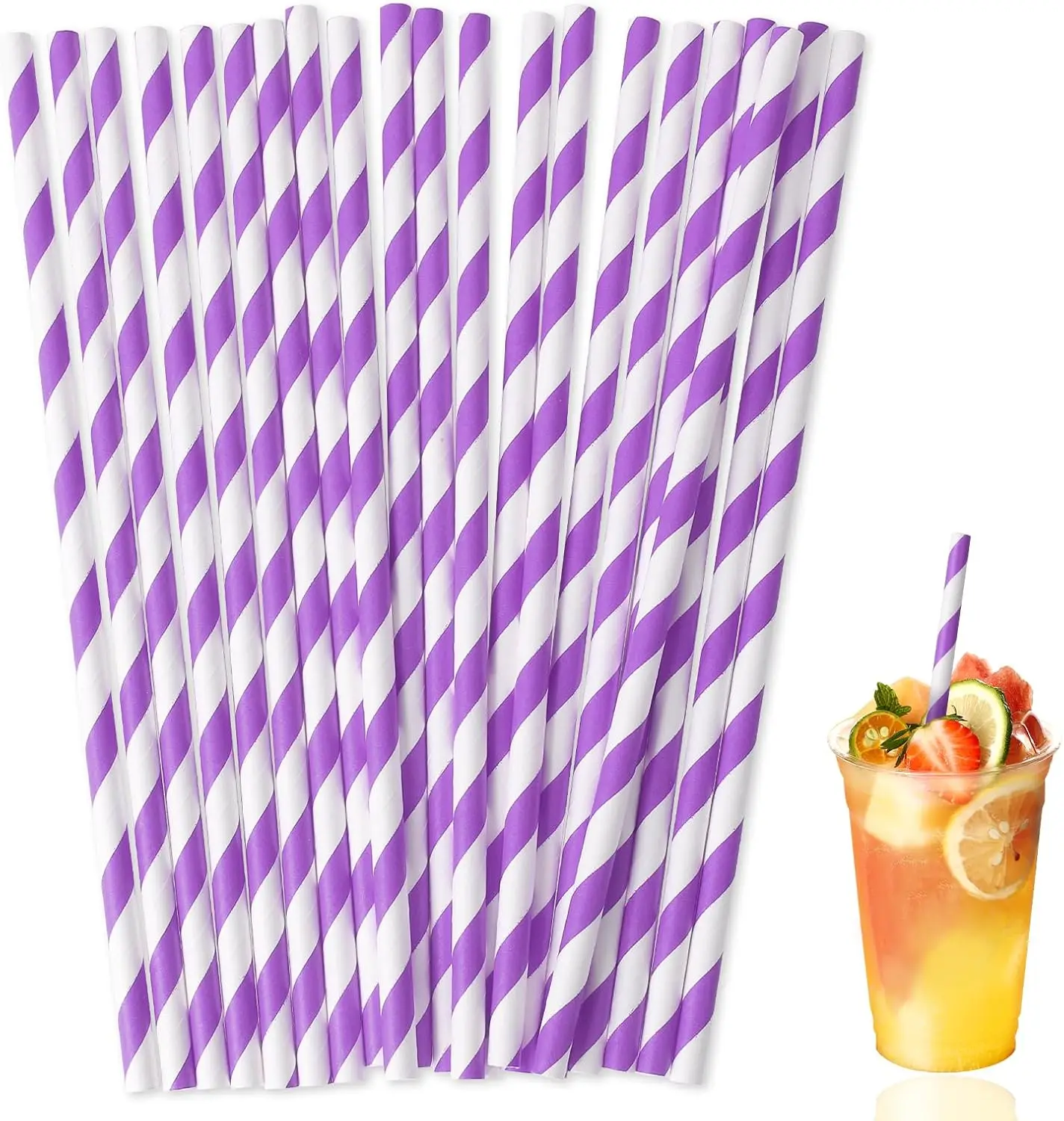 100PCS Purple &White Striped Paper Straws Biodegradable Disposable Drinking Straws for Valentine's Day Party Decoration Supplies