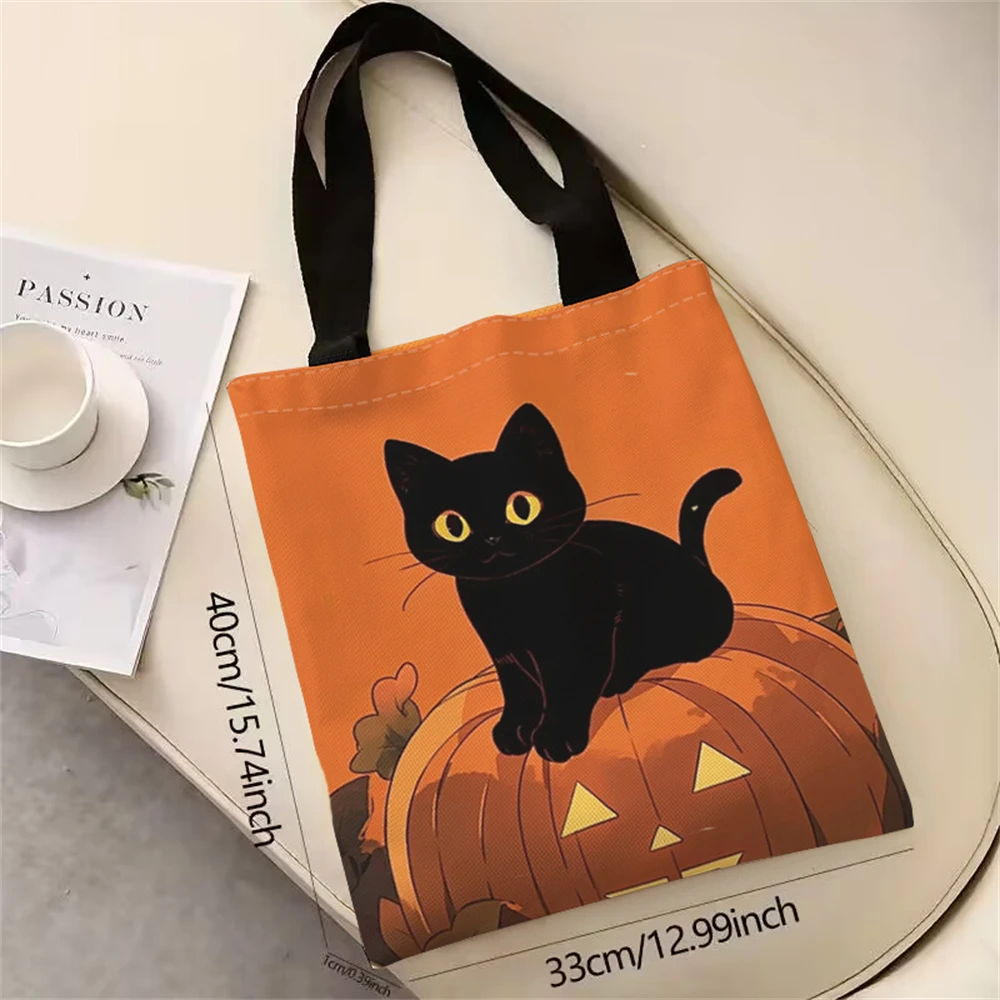 Black cat pumpkin pattern printed casual handbag, reusable fashionable backpack, multifunctional handbag, canvas shopping bag