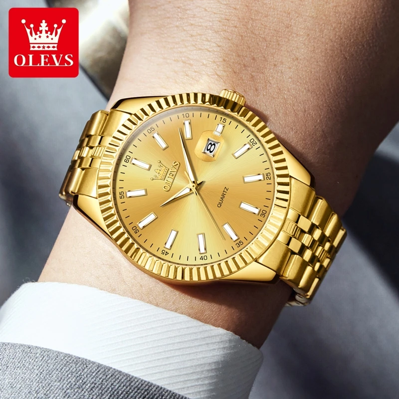 OLEVS Brand Luxury Gold Quartz Watch for Men Stainless Steel Waterproof Luminous Calendar Fashion Mens Watches Relogio Masculino