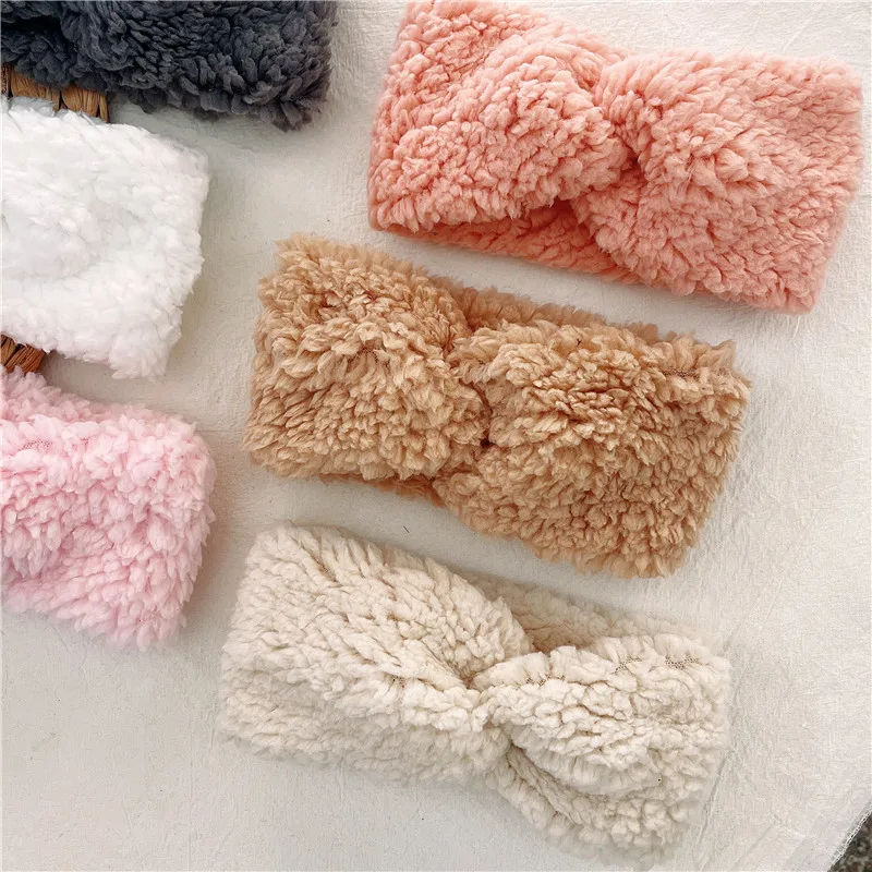 Winter Warm Coral Fleece Baby Hoofdband Effen Kleur Kruis Knoop Lam Wol Haarbanden Kids Elastische Haarband Baby Peuter Hoofddeksels