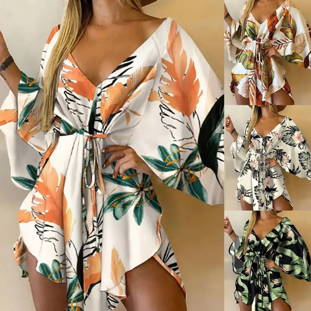 

Women Tropical Print Asymmetrical Tie Front Hem Mini Dress Tropical Print Sexy Tie Front V Neck Dress Beachwear Casual Dress