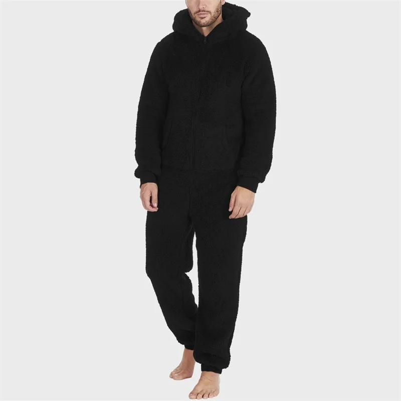 Men's Hooded Pajamas Autumn and Winter Thickened Jumpsuit Hooded Clothing Fleece Zipper Front Full Length Jumpsuit Sleepwear men jumpsuits