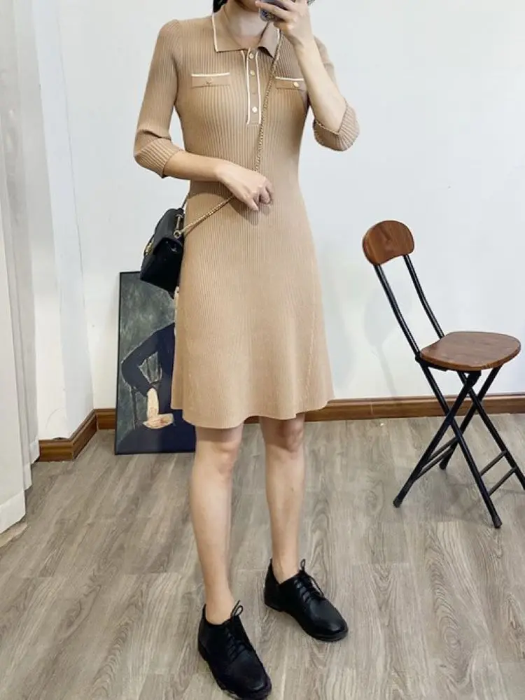 

Women Knitted Dress Front Buttons Turn-down Collar Half Sleeve Slim Mini Robe