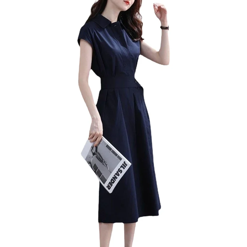 Abito Camicia Elegante e Alla Moda con Design Francese, Vita Stretta, Stile Femminile, Lunghezza Midi, Linea A, in Poliestere, Manica Corta, Colletto a Polo - immagine 6