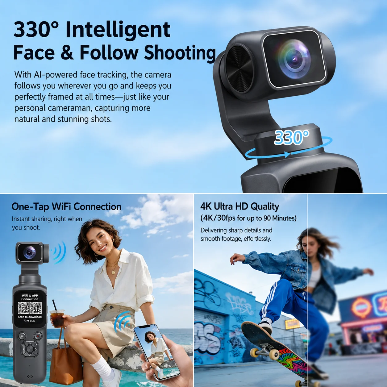 휴대용 4K 30FPS 액션 카메라 75MP 울트라 HD 사진 AI 얼굴 추적 330 ° 회전 렌즈 터치스크린 WiFi 브이로그 짐벌 카메라