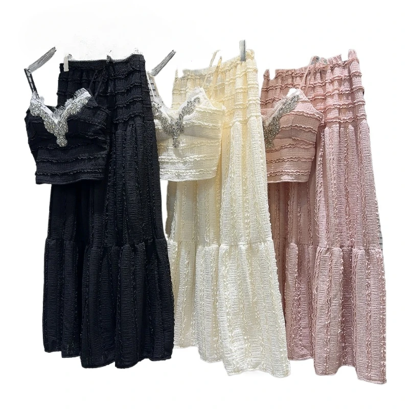 Sweet Elastic Waist A- Line Long Skirt Suit Summer New Pleated Crocheted Rhinestone Beaded Camisole and Skirt 2 Piece Sets Women