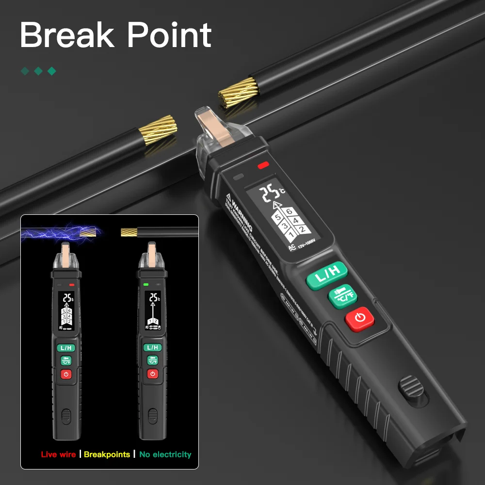 MASTFUYI FY18D 비접촉 전압 검출기 LCD 스크린 전기 펜, AC 전압 테스터, 브레이크 포인트 파인더, 12V-1000V 온도