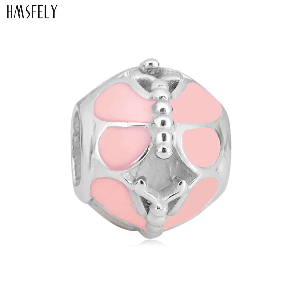 

HMSFELY European Big Hole Pink Enamel Flower Beads 316l Stainless Steel Charm Bead Fit Women Charms Bracelets Jewelry Making