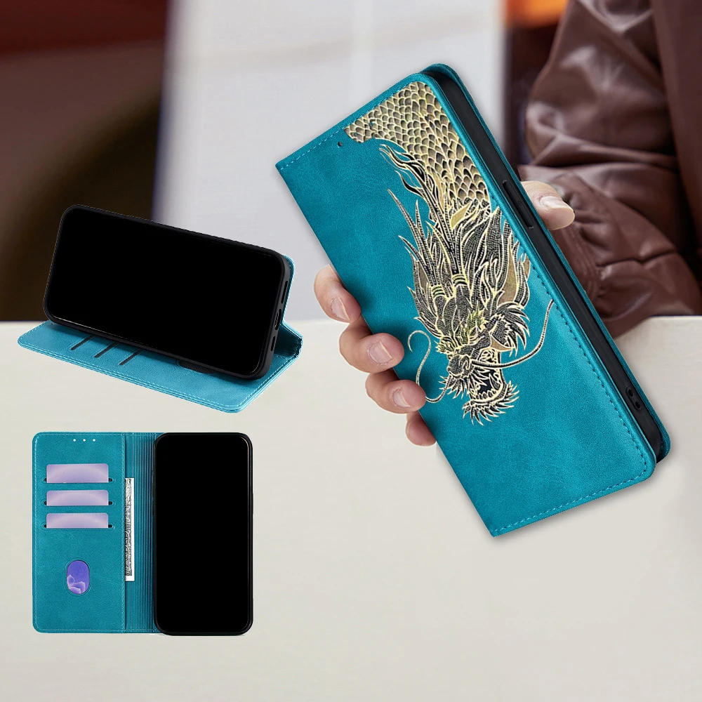 Dragon Pattern Leather Flip Cover - Full Protection Mobile Phone Case