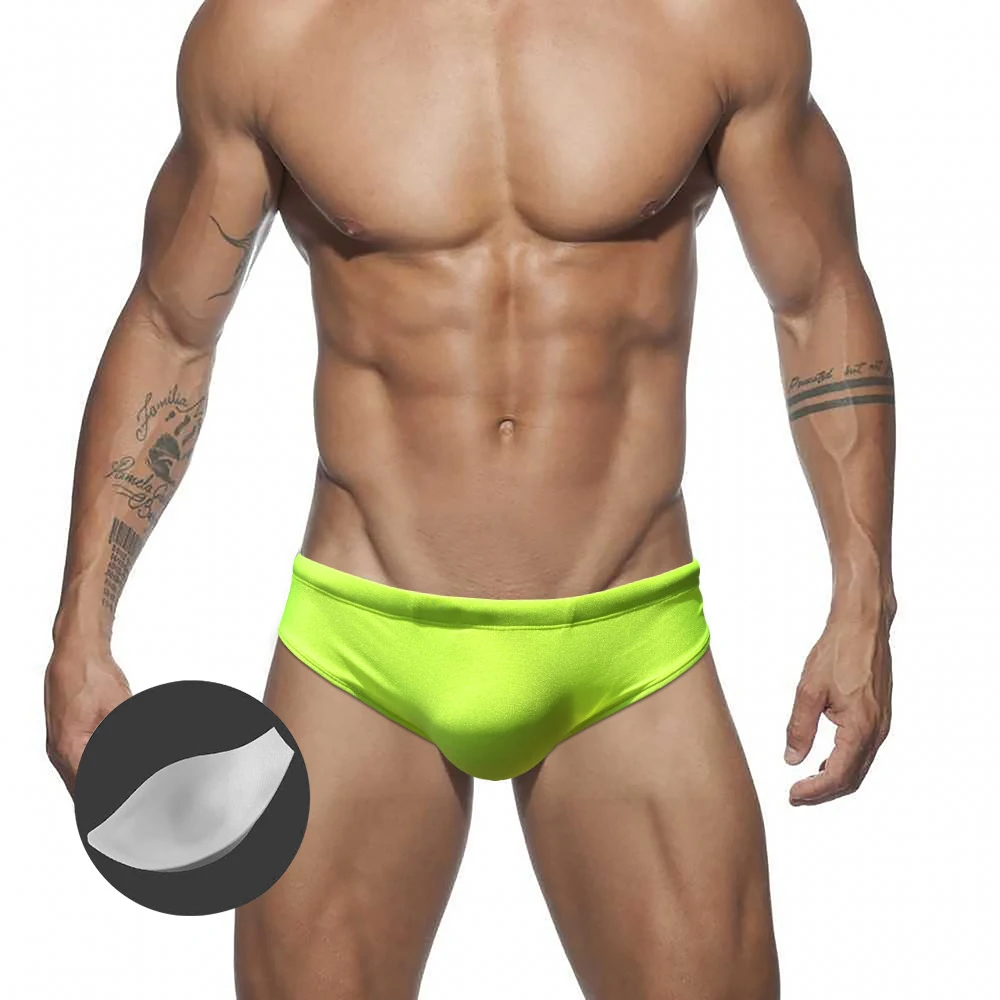 

Men's With Push Pad New Solid Color Shiny Triangle Swim Shorts Europe America Sexy Low Waist Summer Beach Surf Quick Dry Bikini