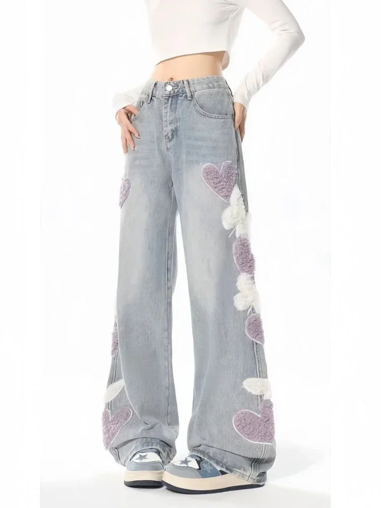 ADAgirl Embroidery Heart Graphic Jeans Women Y2K Vintage Baggy Korean High Waist Denim Trousers Streetwear Causal Straight Pants