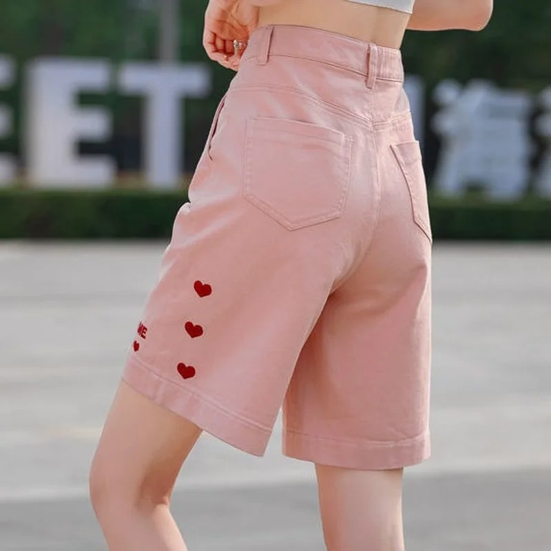 Pink Denim Shorts Women's Summer 2022 New Thin Section Loose A-line Wide-leg Women's Five-point Pants Women's Trousers