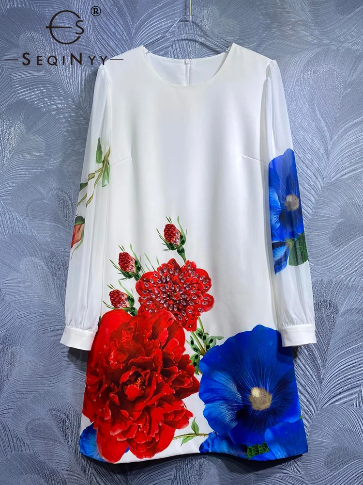 

SEQINYY White Mini Dress Summer Spring New Fashion Design Women Runway High Street Beading Vintage Blue Red Flower Print Casual