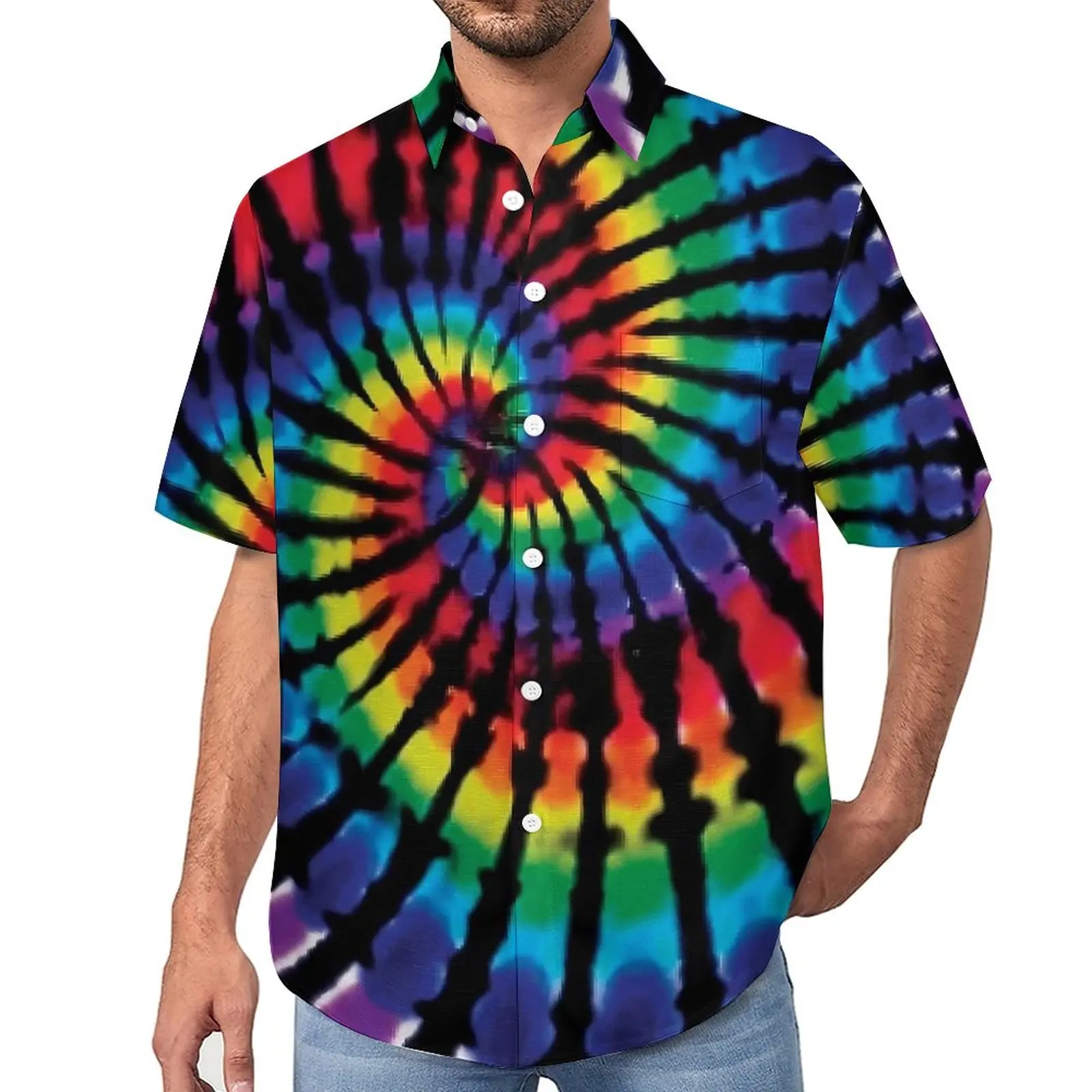 

Spiral Tie Dye Blouses Male Rainbow Casual Shirts Hawaiian Short Sleeve Custom Trendy Oversize Beach Shirt Gift Idea