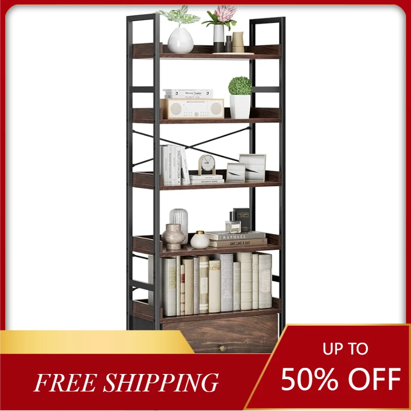 

6-Tier with Storage Drawer, Storage Rack with Metal Frame & Wood Grain Finish, Industrial for Living Room, Bedroom,