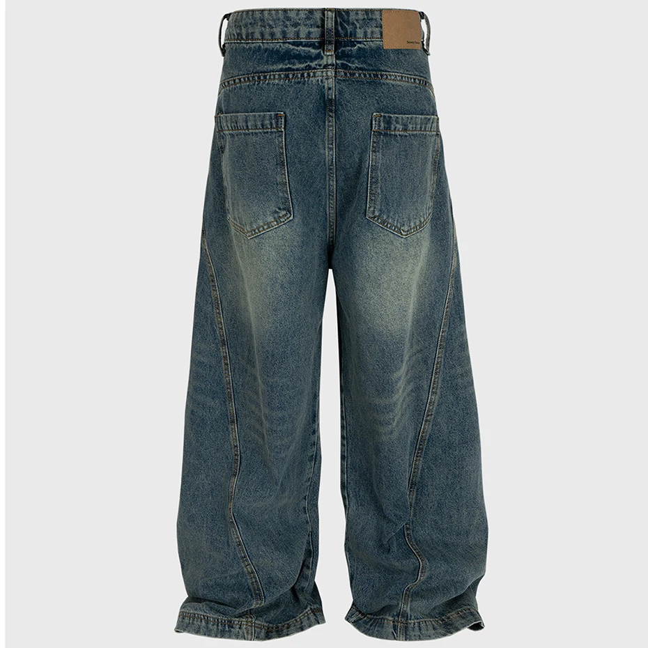 Men's Vintage Blue Baggy Jeans Washed Retro Loose Straight Denim Pants 2