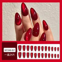 24pcs Glossy Red Cat's Eye Press On Nails Full Cover Nude Color Wearable Almond False Nails Charms Detachable Fake Nail For Girl 2