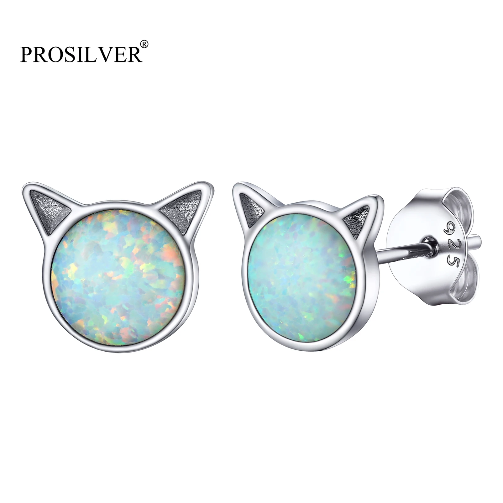

PROSILVER White Opal Dainty Stud Earrings Sterling Silver Ladies Girls Cute Cat Ear Earrings Gifts for Valentine PYE15192B