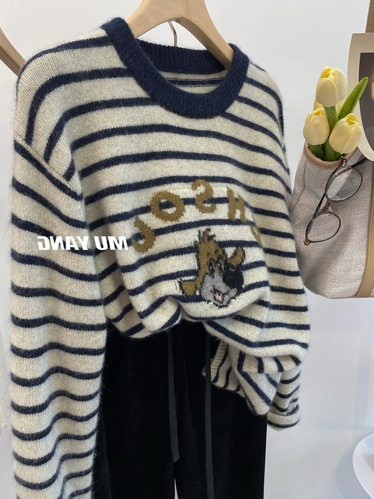 

2023 Cartoon Korean Style Ins Fashionable Sweater Womens Spring and Autumn Thin Embroidered Striped Loose All-Match