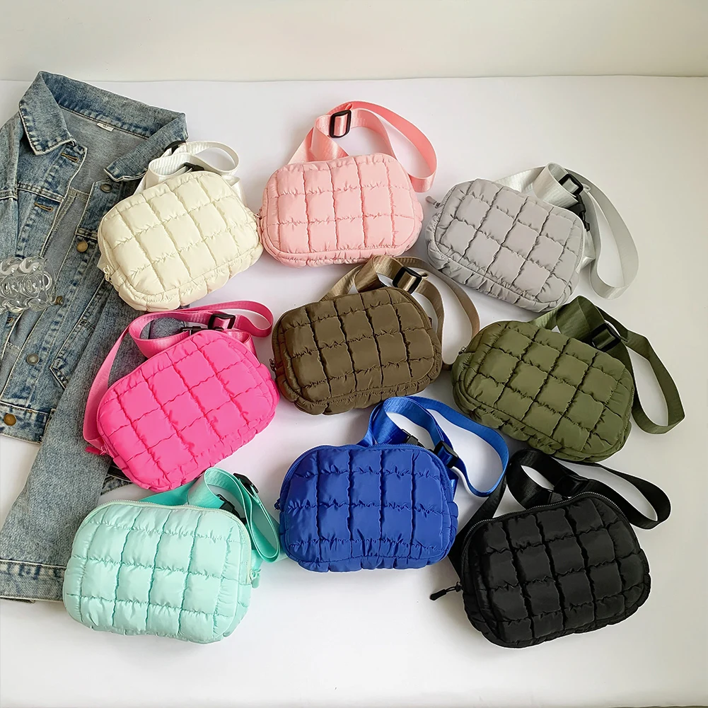 Women Padded Cloud Bag Zipper Closure Puffy Shoulder Bag Solid Color Plaid Quilted Sling Bag Girls Daily Bag