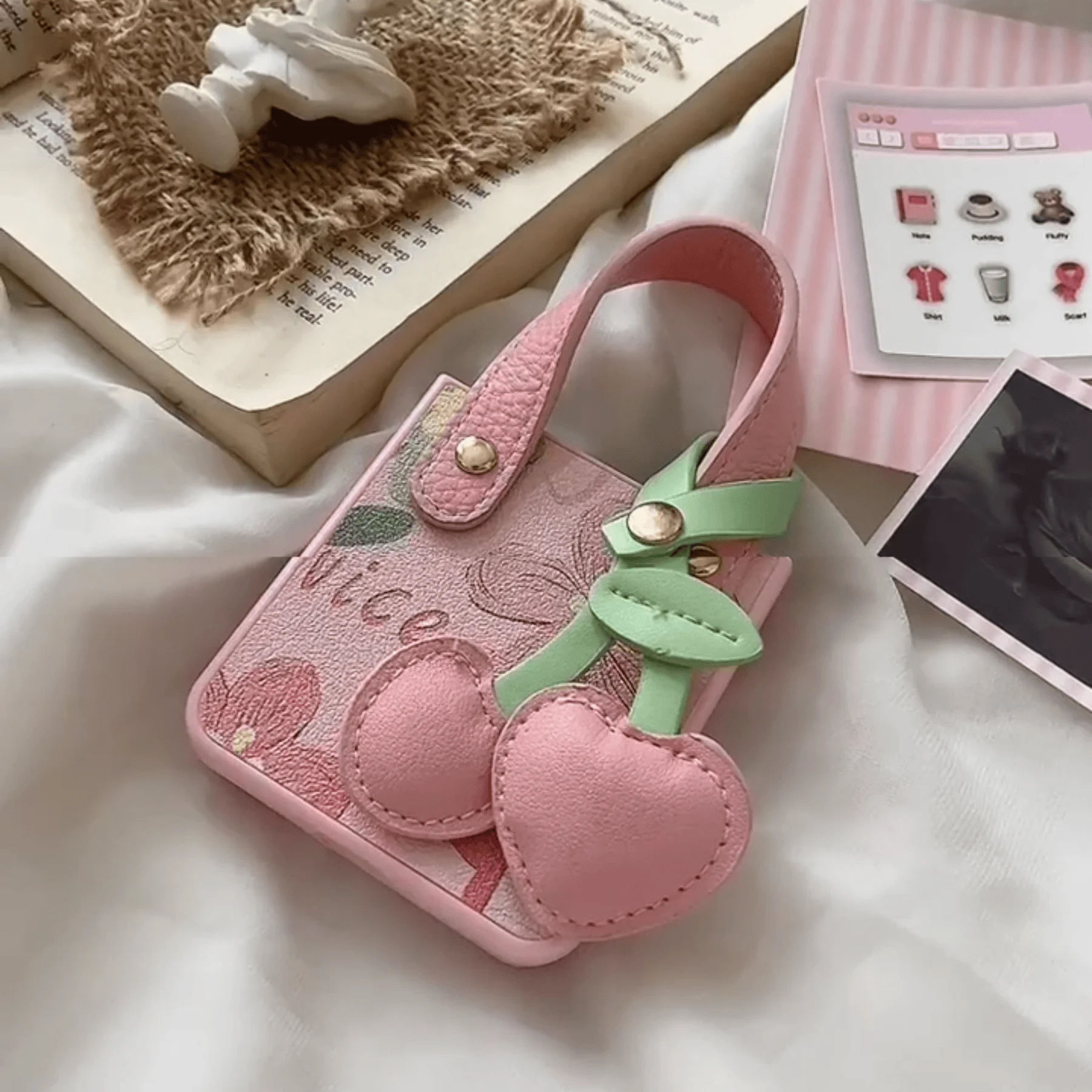 Fresh Pink Floral Pendant Phone Case with Portable Wrist Strap