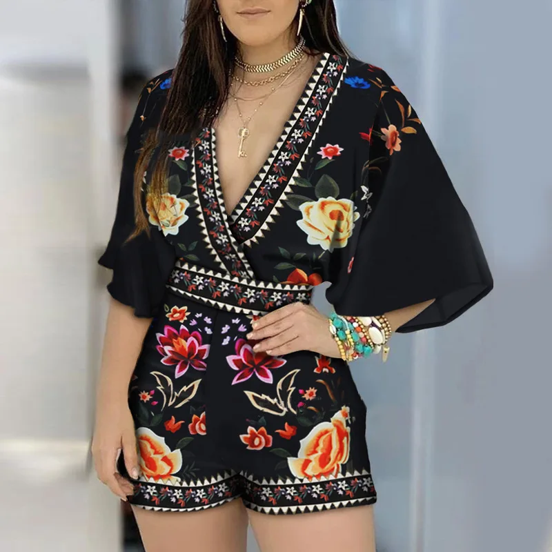 Women One Pieces Bodysuit Women Fashion Elegant Jumpsuit New Summer Floral Print Flare Sleeve V-Neck Casual Jumpsuits for Women