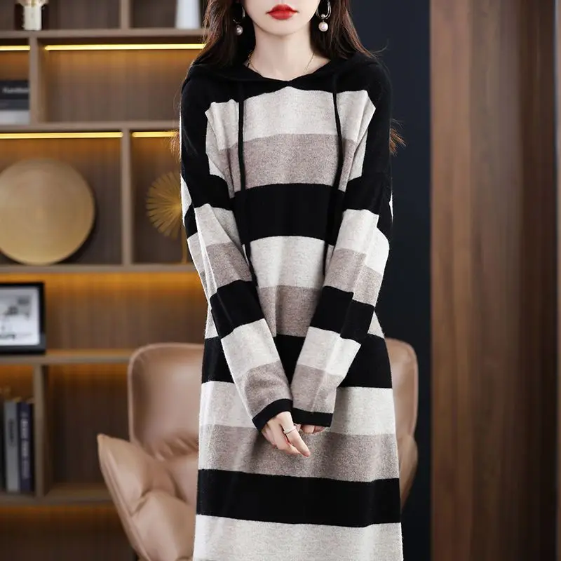 Female Loose Fashion Striped Hooded Knitted Dress 2023 Autumn Winter Women\'s Clothing Korean Elegant Long Sleeve Midi Dresses