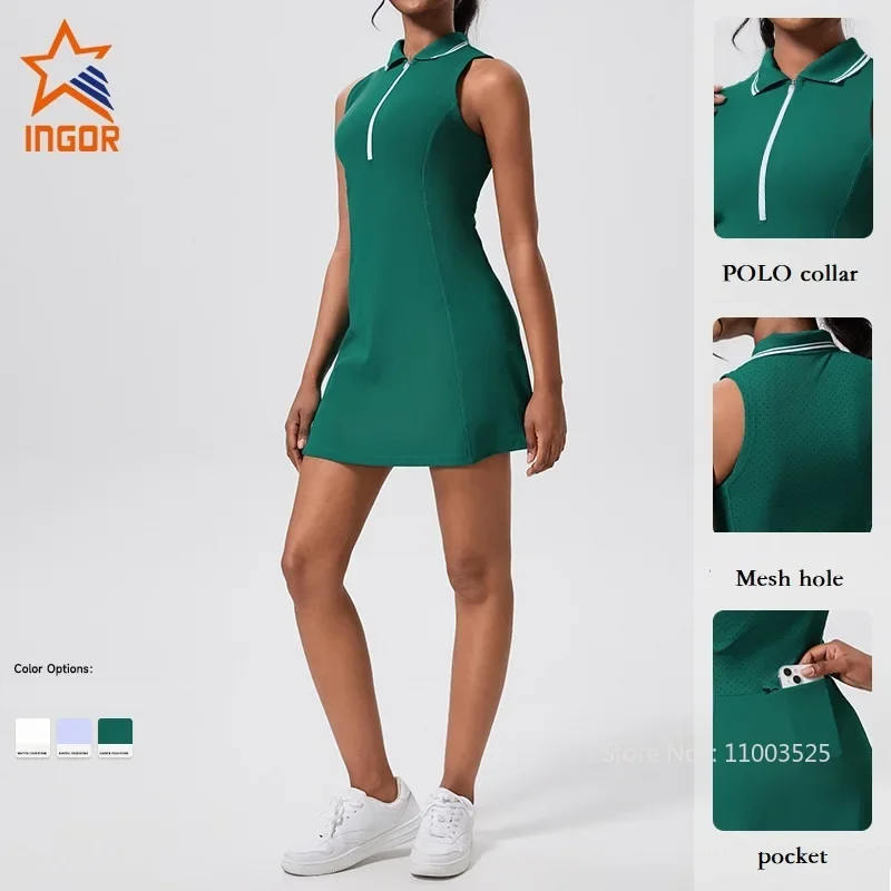 Sleeveless Zipper Collar Tennis Dresses Women Workout Athletic Tennis Skirt Dress Slim Golf Dress with Shorts and Pockets