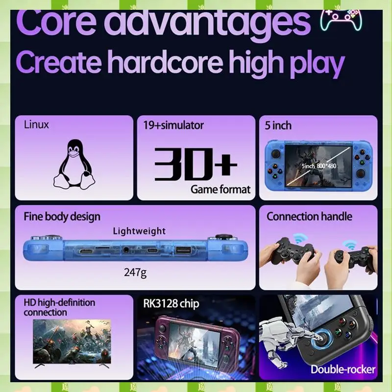 RG50XX Handheld Retro Game Console 5Inch Display 64G 20000+Video Games LINUX 3D Joystick For GBC GBA PSP 19+Simulator