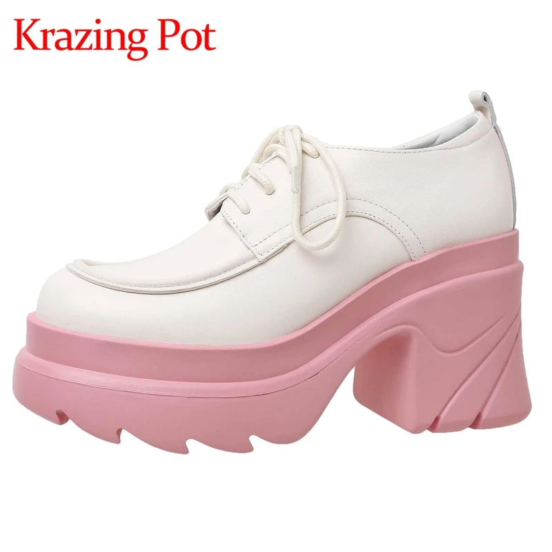 

Krazing Pot European Style Genuine Leather Round Toe Super High Heel Platform Young Lady Streetwear Fashion Cozy Women Pumps L91