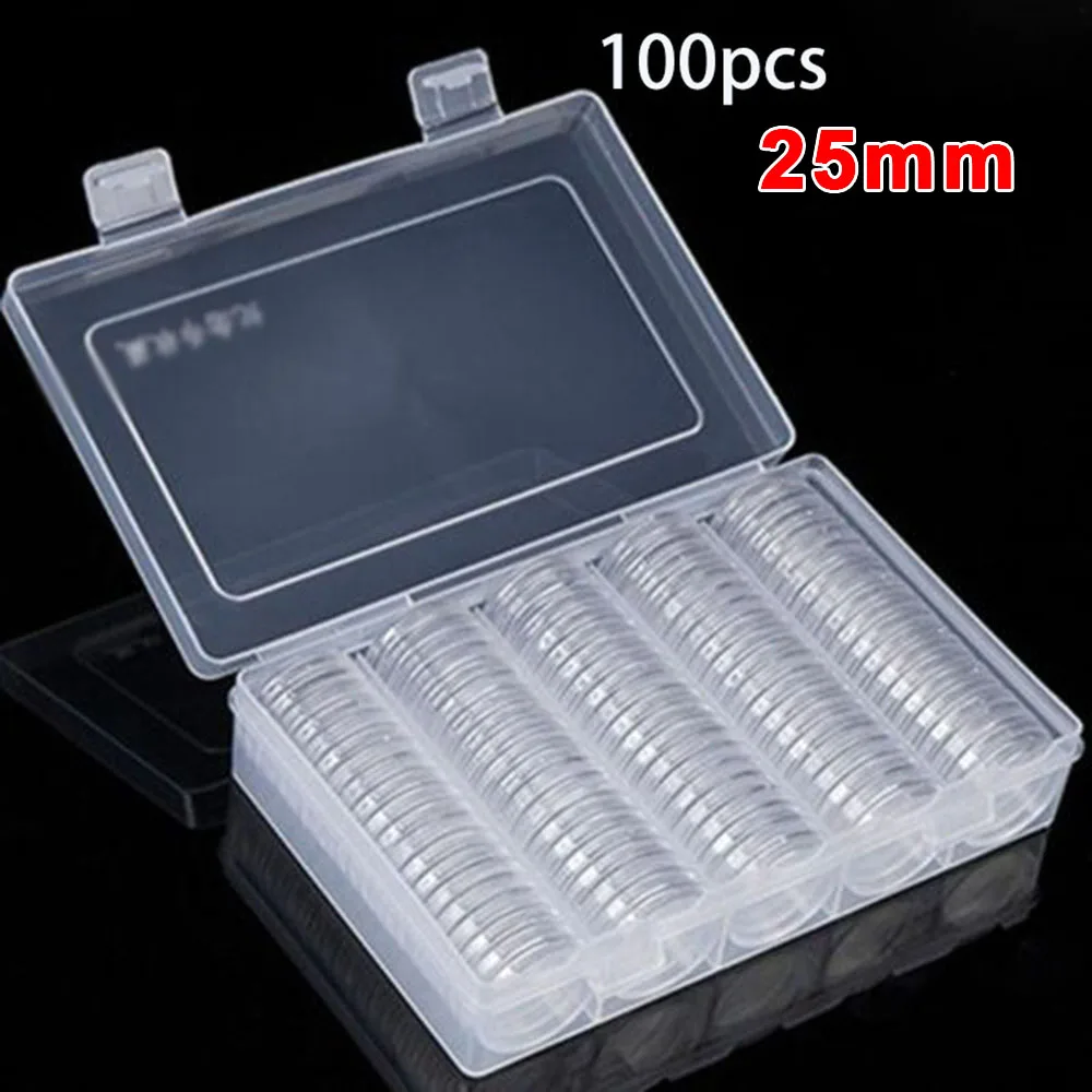 

100PCS 25mm Clear Round Coin Capsule Container Transparent Plastic Storage Box Holder Portable Case Protection Boxes