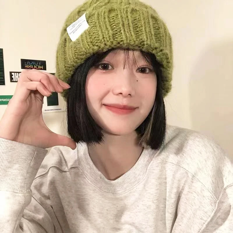 

Korean Slouchy Beanies For Women Winter Warm Earmuffs Cap Fashion Girl Crochet Bonnet Solid Color Coarse Woolen Knitted Hat