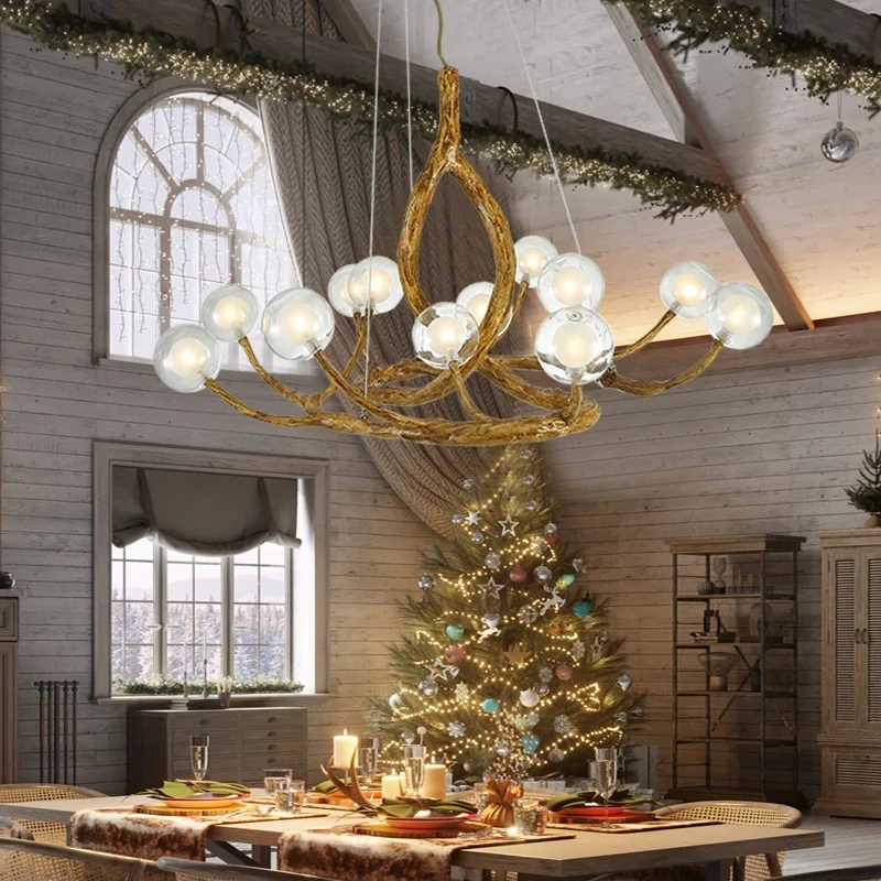 

Hanging Lamp Living Room Bedroom Chandelier Decor Lighting Nordic Pendant Light Imitation Branch Resin Lamp Glass Ball