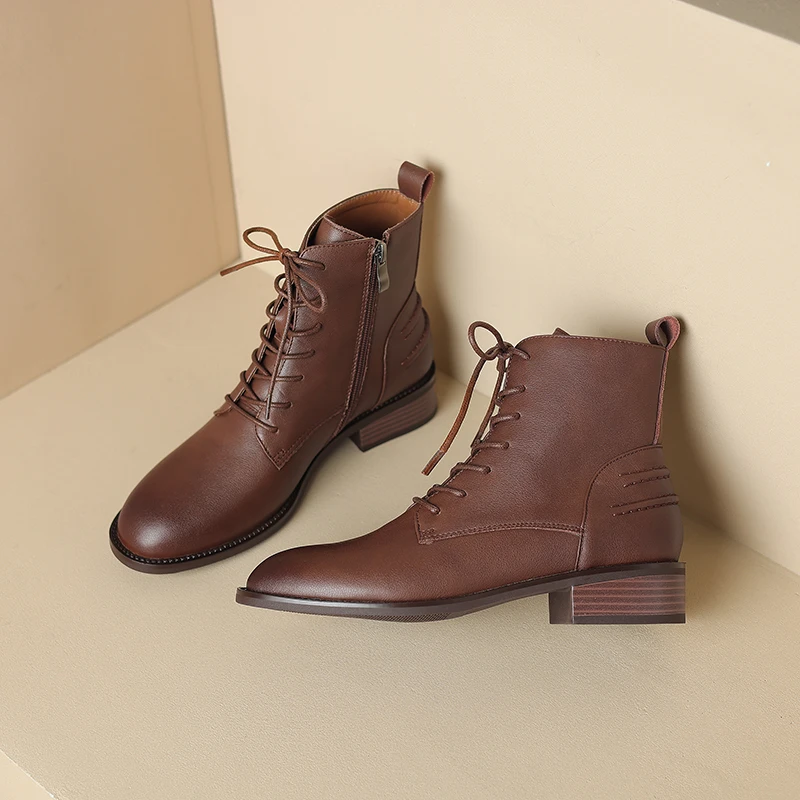 Split Leather Women Boots Hot Sales Autumn Shoes for Women Winter Handmade Boots Square Toe Chunky Heels Shoes Zapatos Mujer