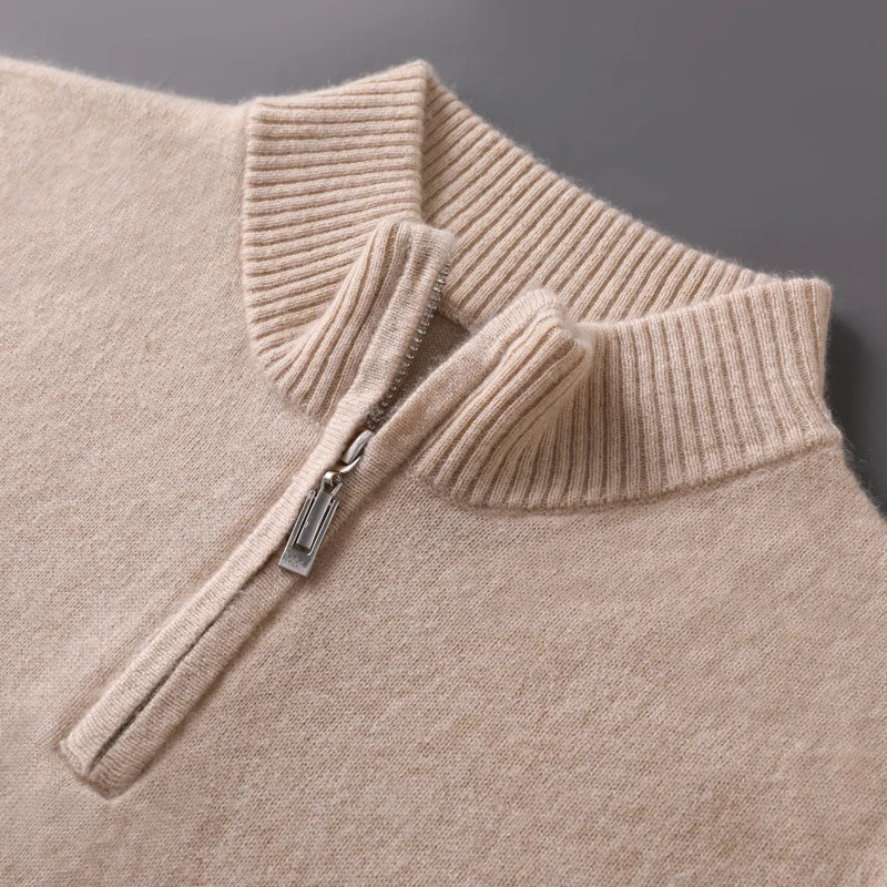 100% Goat Cashmere Men Mock-neck Sweater Zipper Pullovers Autumn Winter Thick Classical Solid Loose Knitwear Korean Men Clothes 4
