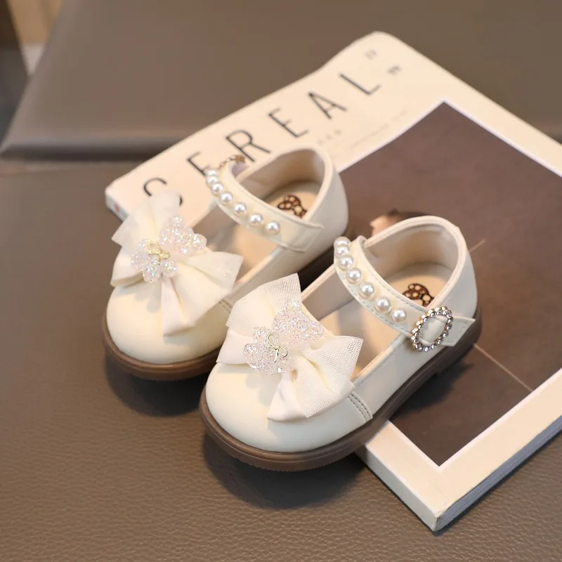 Baby Girl Leather Shoes Kids Bow Pearl Princess Shoes Shallow Soft Sole Cute First Walkers Infant Toddler Cartoon Single baby shoes,soft sole shoes