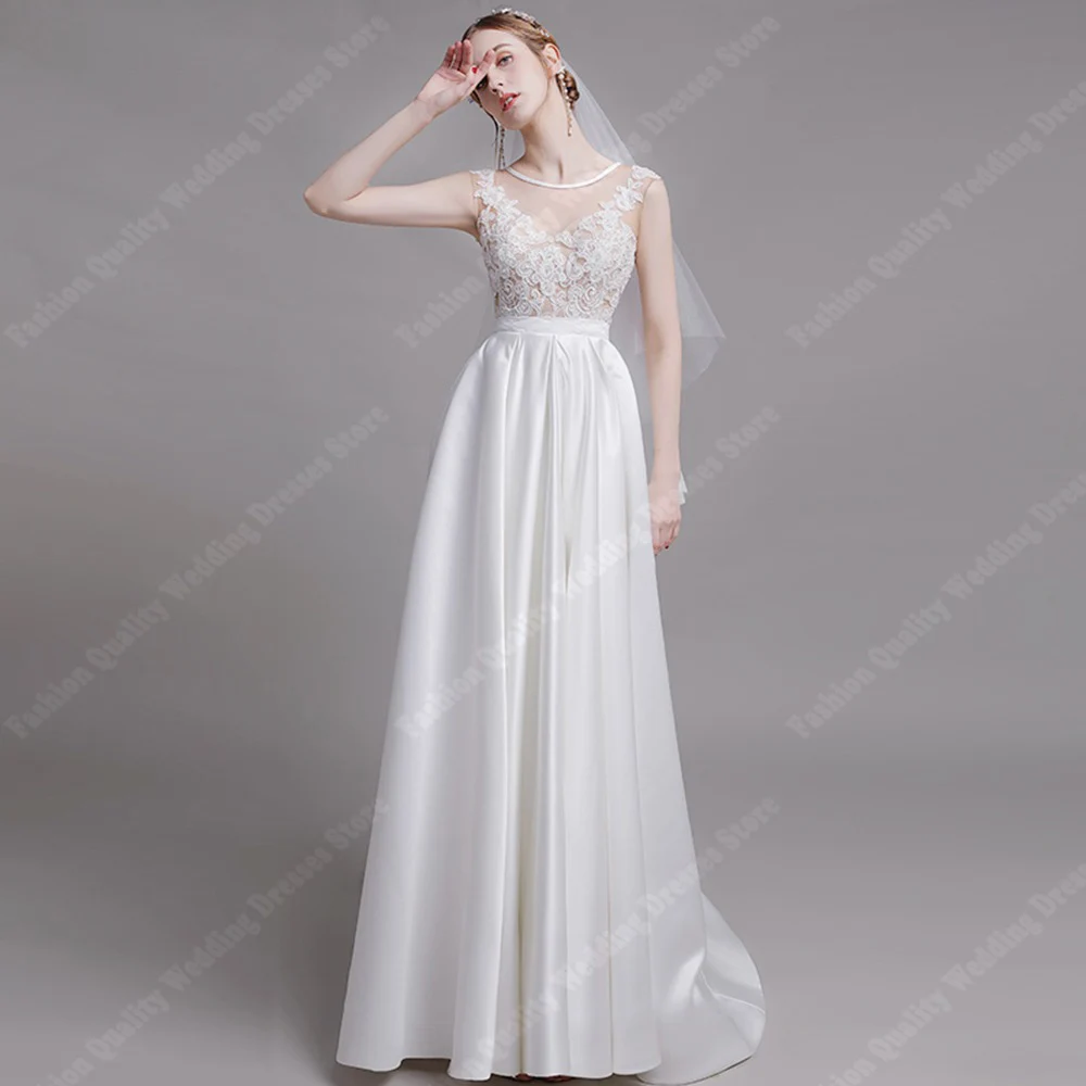 

Simple Style Shining Satin Wedding Dresses Deep V Shining Decals For Formal Party New Sleeveless Floor Mopping Vestidos De Novia