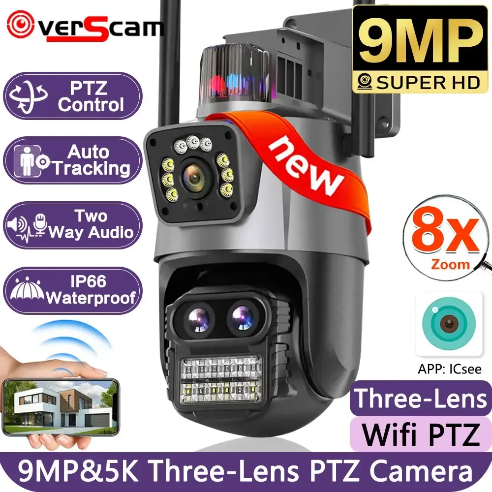 9MP WiFi Camera Outdoor Three Lens Dual Screen 8X Zoom Security Camera 4K 8MP Police Light Alarm Video Surveillance WiFi Cameras