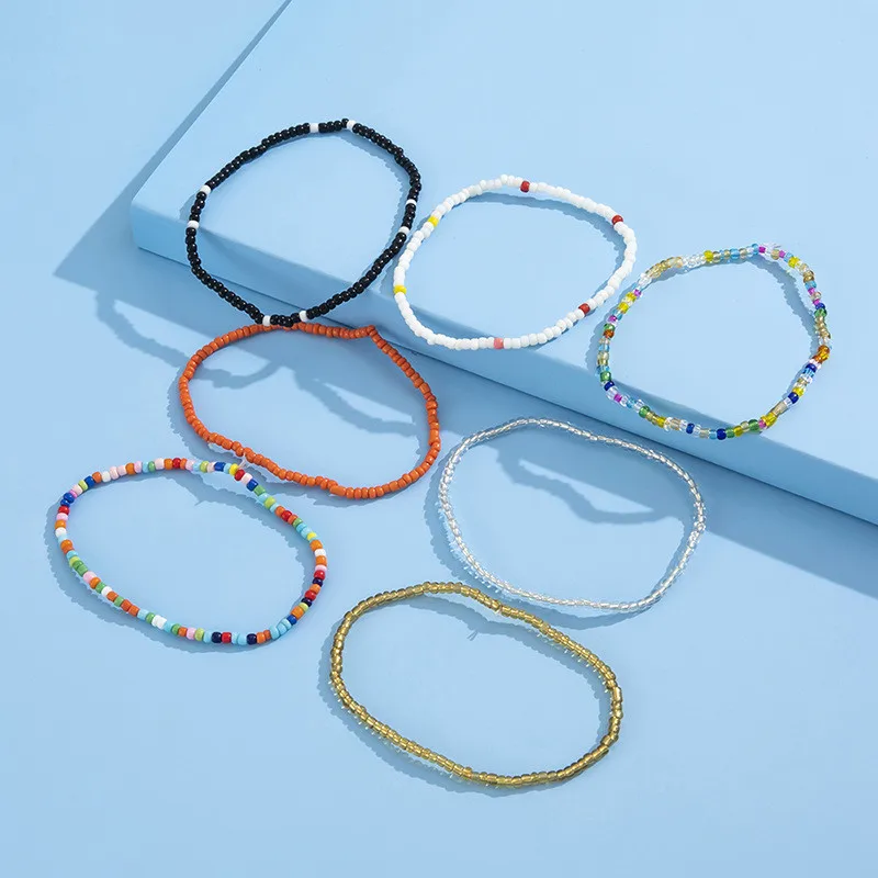7pcs/Set Handmade Beaded Anklet Bracelets Rainbow Color Elastic Ankle Bracelet On The Leg Foot Beach Jewelry bead bracelet beads anklet