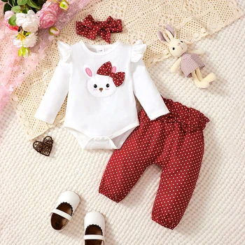 Baby Girl Set Cartoon Bunny Long sleeved Bodysuit+Wave Point Elastic Pants+Headband 3pcs 0-18 Month Baby Girl Spring Autumn Set 1