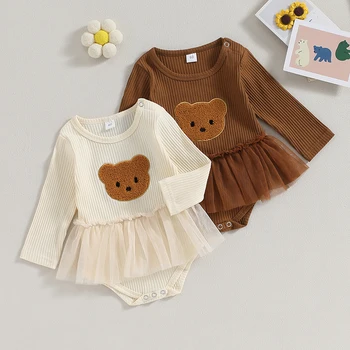 Baby Girls Mesh Kids Romper Dress Bear Pattern Long Sleeve Jumpsuits for Newborn Infant Toddler Cute Children's Clothing 1