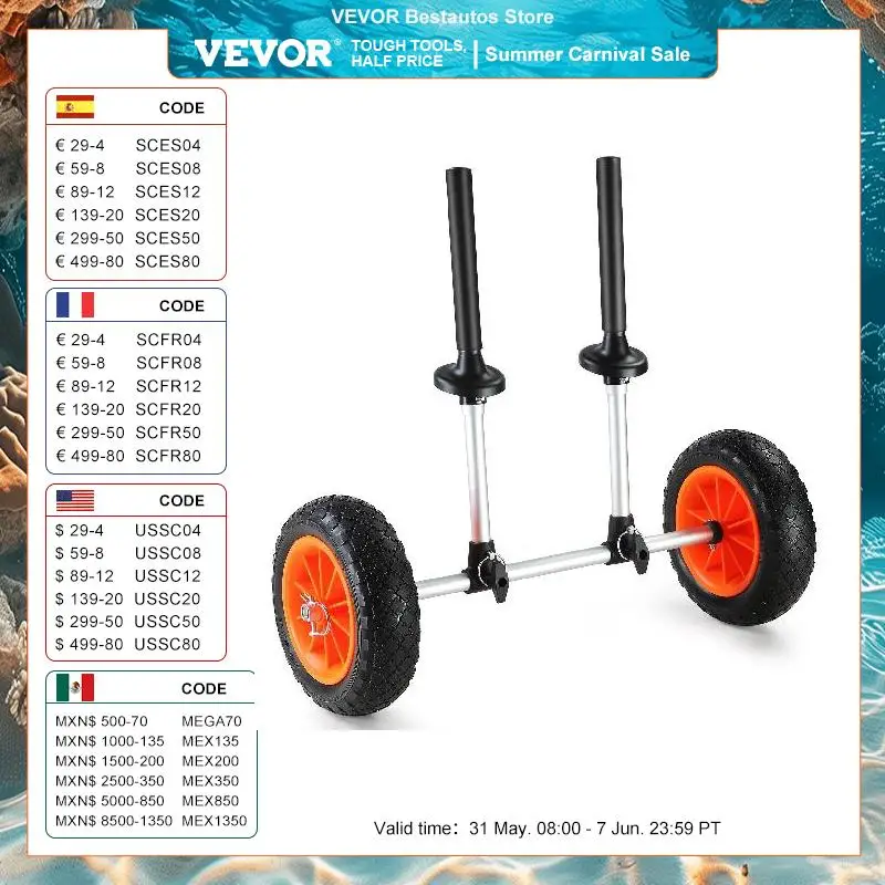 VEVOR Heavy Duty Kayak Cart, Detachable Canoe Trolley Cart with 10'' Solid Tires, Adjustable Width & Top Foam Protection