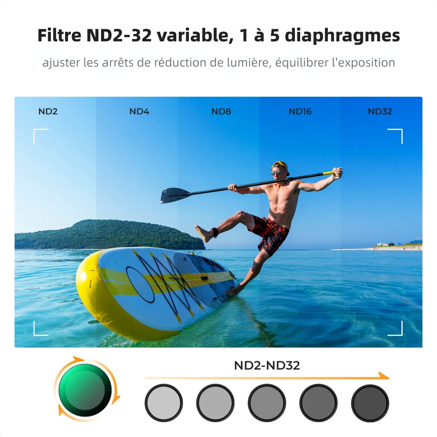 Gros plan sur le filtre ND variable K&F Concept pour DJI Osmo Action 5 Pro / 4 / 3, montrant la graduation des stops et la texture antidérapante.