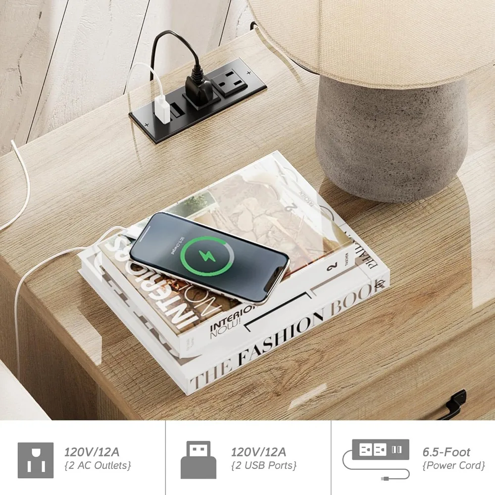 Nightstands with Charging Station Set of 2, Night Stand with 2 Drawers,Wooden Rustic Bedside Table End Tables with Solid Wood 5