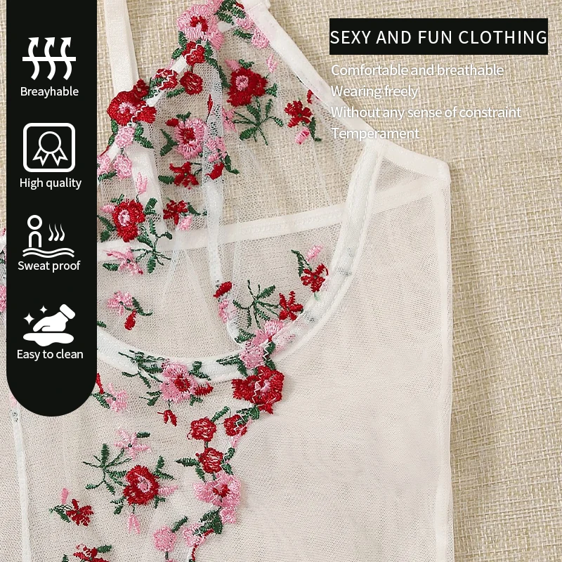 Women Suspender Pajamas Women Lace Pajamas Women Bodysuit Sleep Wear Set Women's Sexy Perspective Mesh with Embroidered Flower V-Neck Suspender Sexy Pajamas One Piece Pajamas