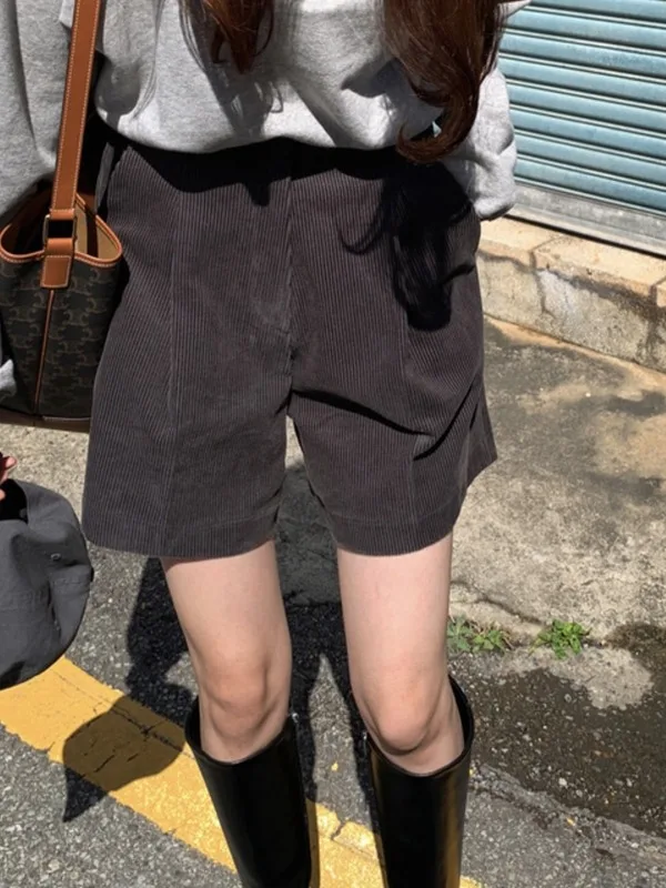 Chic Vintage High Waist Versatile Single Button Pleated Loose Wide Leg Corduroy orts for Women Faionable All-Match Sle